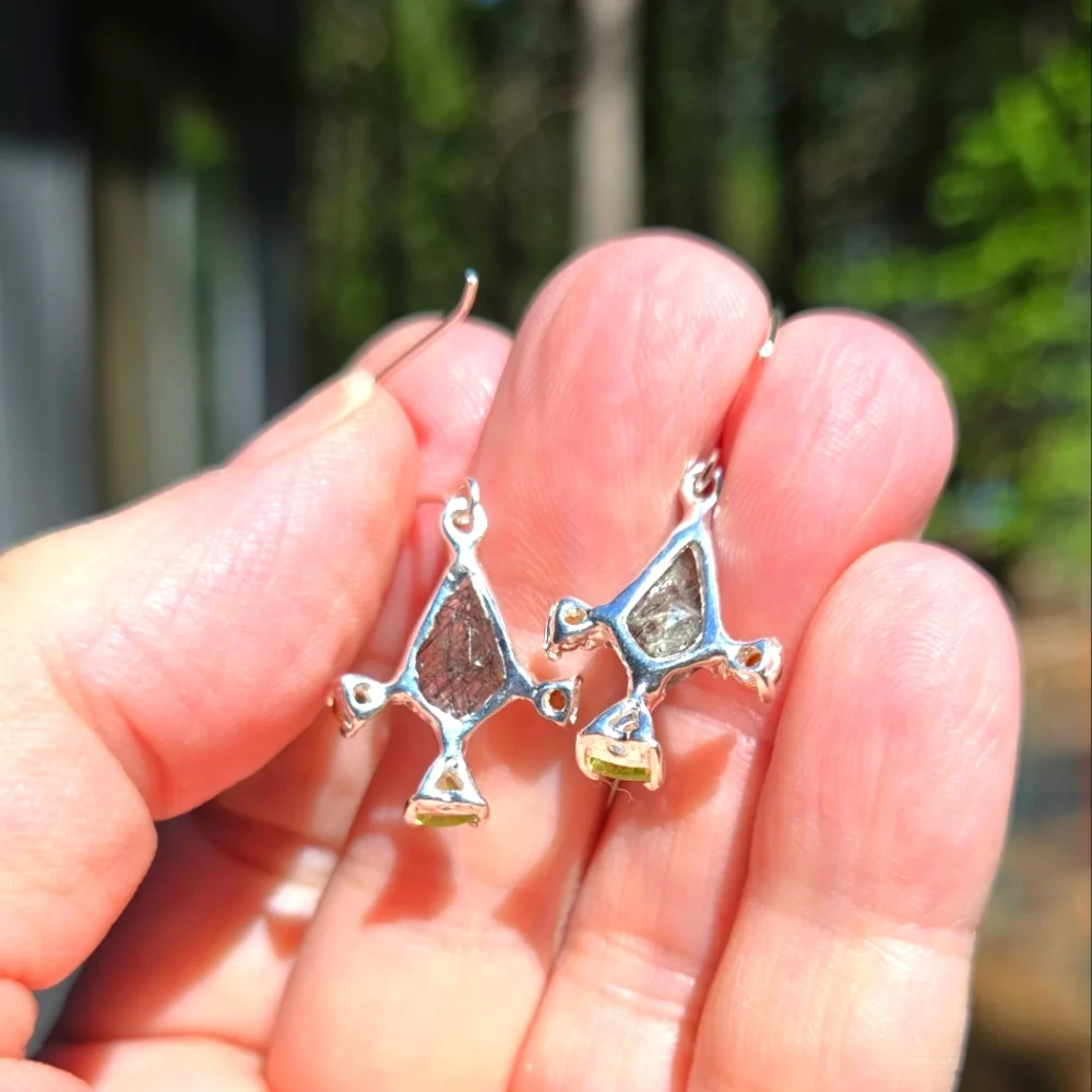 Rutilated Natural quarts Garnets & Peridot Sterling Earrings - Picture 9 of 10